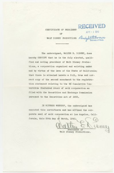 1940 Walt Disney Signed Contract Making Him President of Walt Disney Productions