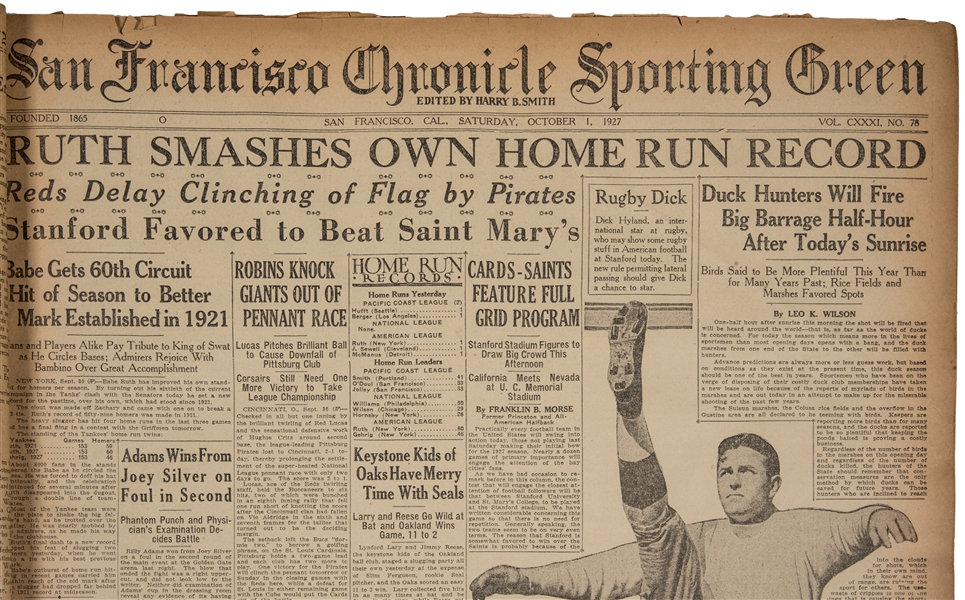 Lot Detail 1927 Babe Ruth 60th Home Run Full Article From San Francisco Chronicle With Full 4869