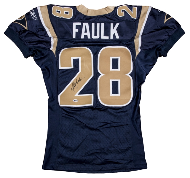 2001 Marshall Faulk Game Used and Signed St. Louis Rams Blue Jersey (Beckett) 