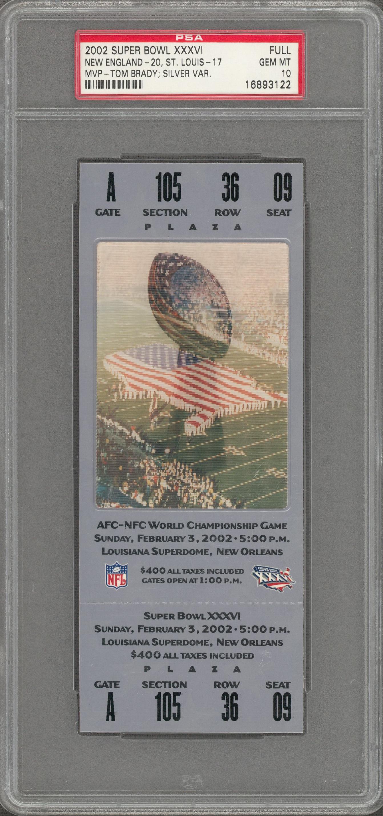 Lot Detail - 2002 Super Bowl XXXVI New England Patriots vs St. Louis Rams Silver Variation Full ...