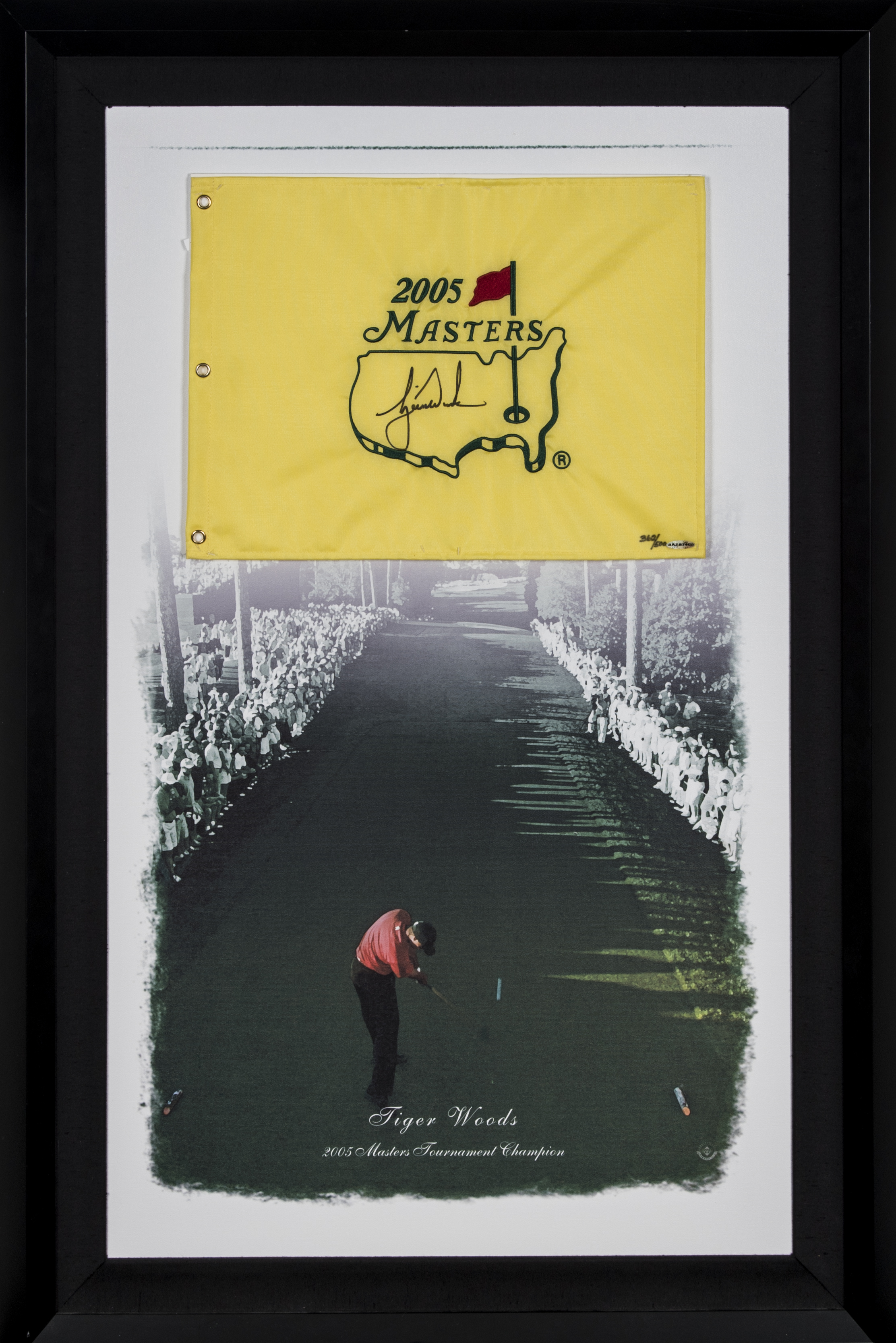 Lot Detail - Tiger Woods Signed 2005 Masters Flag Mounted On 47x31 Framed Canvas Of ...2225 x 3334