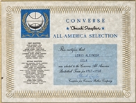 1967-68 Converse Chuck Taylor All-America Selection Award Certificate Presented To Lewis Alcindor/Kareem Abdul-Jabbar (Abdul-Jabbar LOA)