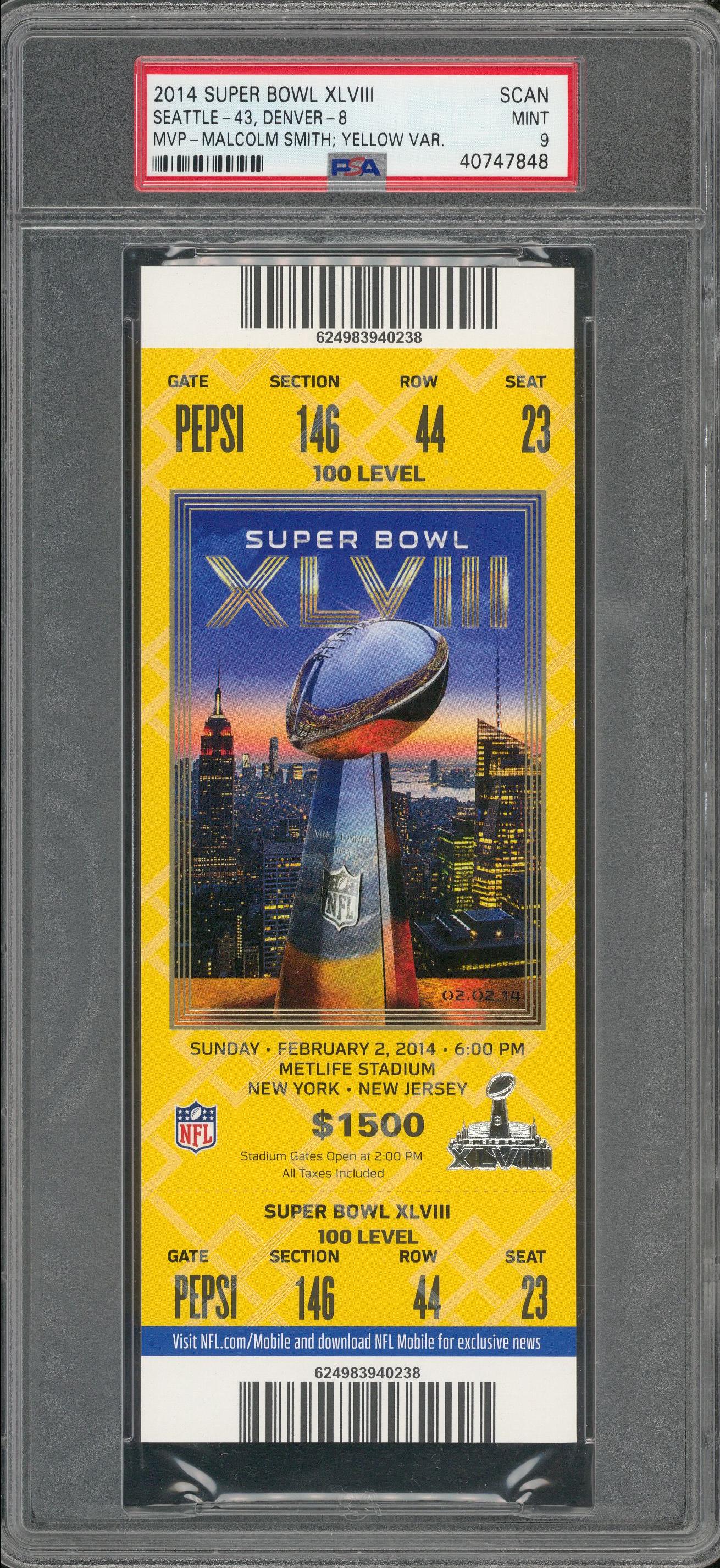 Lot Detail - 2014 Super Bowl XLVIII Full Ticket, Yellow Variation - PSA