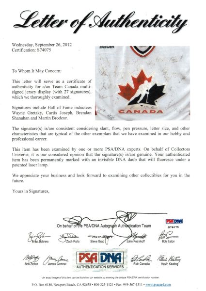 Martin Brodeur Autographed 1996 World Cup of Hockey Team Canada