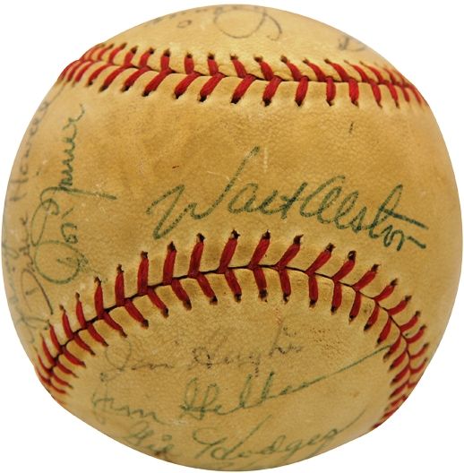 BASEBALL-SIGNED] 1955 Brooklyn Dodgers signed baseball including Jackie  Robinson. Dodgers souvenir ball with the team's pri - Price Estimate:  $3000 - $5000