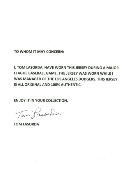 Tommy Lasorda Signed Los Angeles White Jersey (PSA)