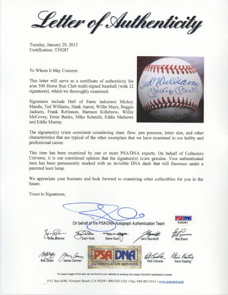 500 Home Run Club (9) Signed Rawlings Baseball Bat Aaron Mays & More JSA Y66944