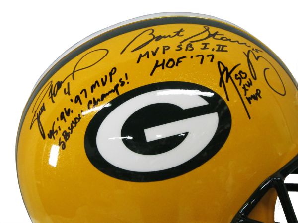 Bart Starr Aaron Rodgers Brett Favre Signed Packers Pro NFL Football Helmet  JSA