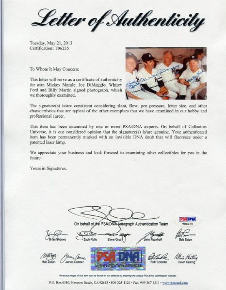 Yankees 11x14 Photo Signed by (4) with Mickey Mantle, Whitey Ford, Joe  DiMaggio & Billy Martin (JSA ALOA)