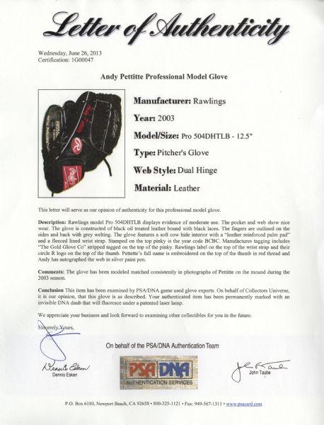 Lot Detail - 2003 Andy Pettitte Game Used and Signed Rawlings Fielding Glove  (PSA)