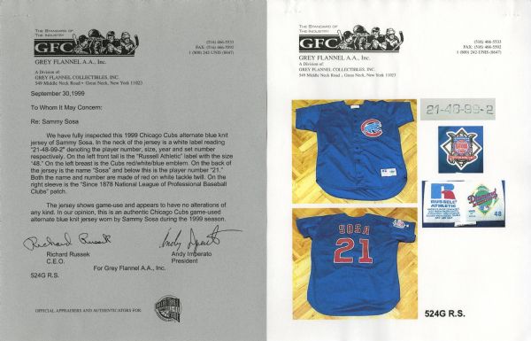Lot Detail - 1999 Sammy Sosa Signed and Game-Worn Cubs Alternate Blue Jersey