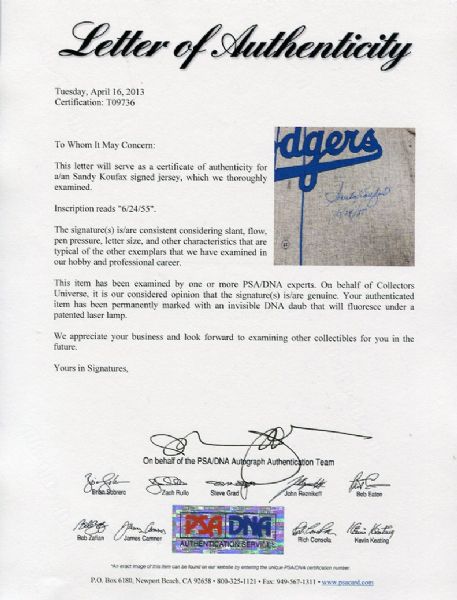 Sandy Koufax Los Angeles Dodgers Autographed Mitchell and Ness