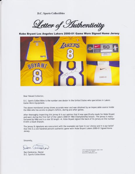 Lot Detail - 2/11/2001 Kobe Bryant Los Angeles Lakers All-Star Game-Used &  Autographed Jersey (Full JSA LOA • DC Sports LOA • Championship Season •  Upper Deck LOA)