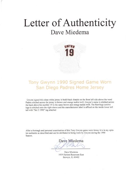 Tony Gwynn San Diego Padres Authentic Rawlings Home Jersey Size 48