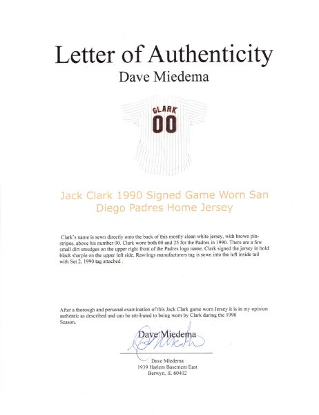 Jack Clark autographed baseball card (San Diego Padres) 1990