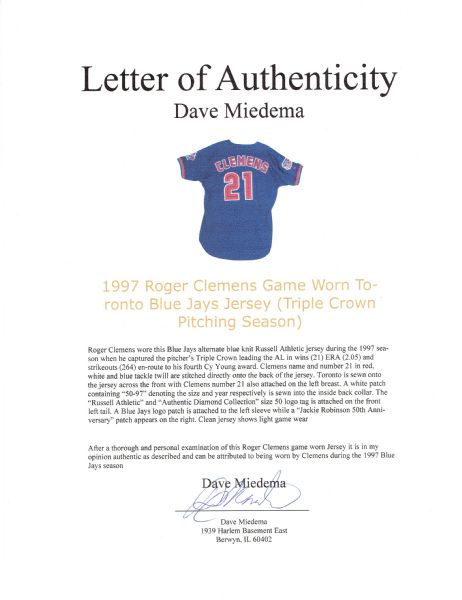 Roger Clemens Autographed Toronto Blue Jays Jersey Inscribed 97-98 Cy