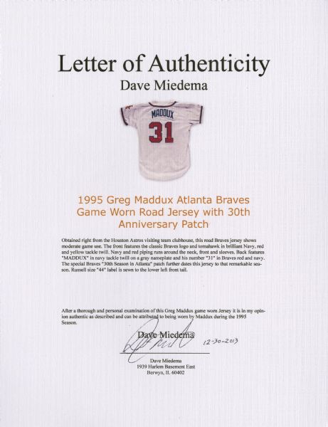 Greg Maddux Atlanta Braves 1995 World Series Grey Road Jersey Men's (S-3XL)