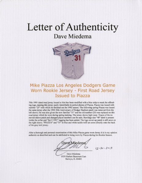 Mike Piazza 1996 Game-Used Dodgers Jersey (Grey Flannel