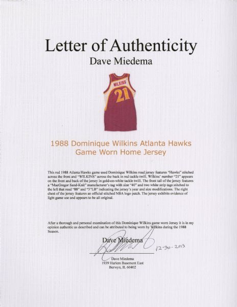 Lot Detail - 1992-93 Dominique Wilkins Atlanta Hawks Game-Used Road Jersey