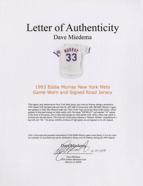 Lot Detail - 1995 Eddie Murray Game Used and Signed Cleveland Indians Road  Jersey (MEARS & PSA/DNA)