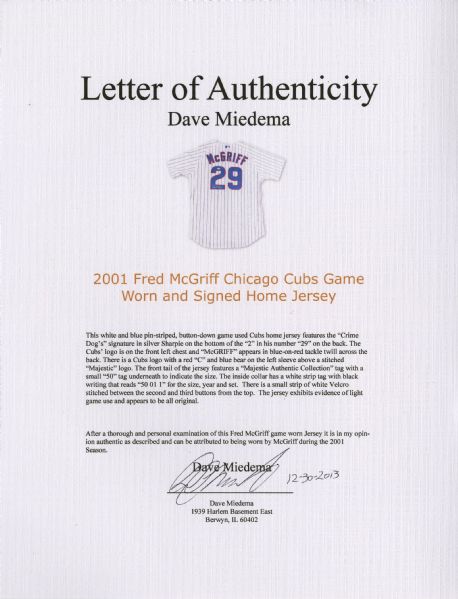 Lot Detail - 2001 Fred McGriff Chicago Cubs Game Worn and Signed Home Jersey