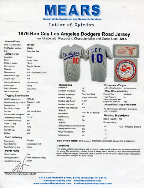 Lot Detail - 1976 Ron Cey Los Angeles Dodgers Game Worn Road Jersey (MEARS  A9.5)