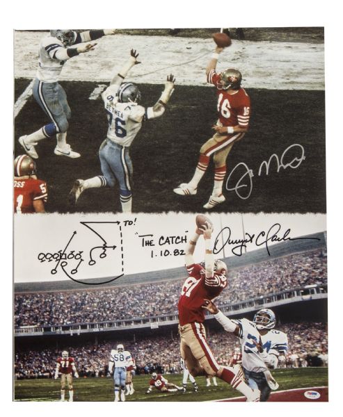 Lot Detail - Dwight Clark & Joe Montana Dual Signed The Catch 20x24 Photo  With Hand Drawn Play Inscription