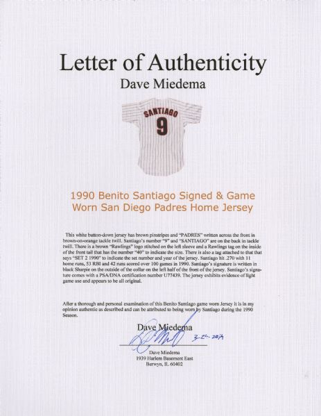 Lot Detail - BENITO SANTIAGO'S 1990 SAN DIEGO PADRES ALL-STAR GAME WORN AND  SIGNED JERSEY (SANTIAGO LOA)