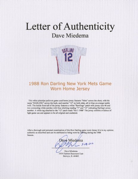  Game Used: Ron Darling 1988 Mets Road Jersey