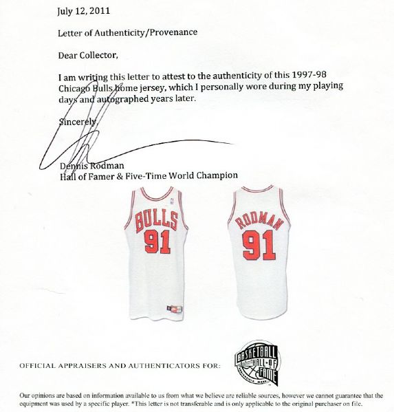 Lot Detail - 1997-98 Dennis Rodman Game Worn & Signed Chicago Bulls Home  Jersey (Rodman LOA)