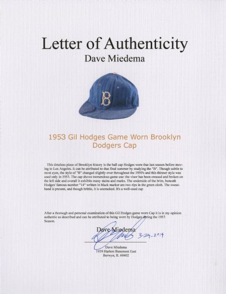 Sold at Auction: Superb 1954 Gil Hodges Brooklyn Dodgers