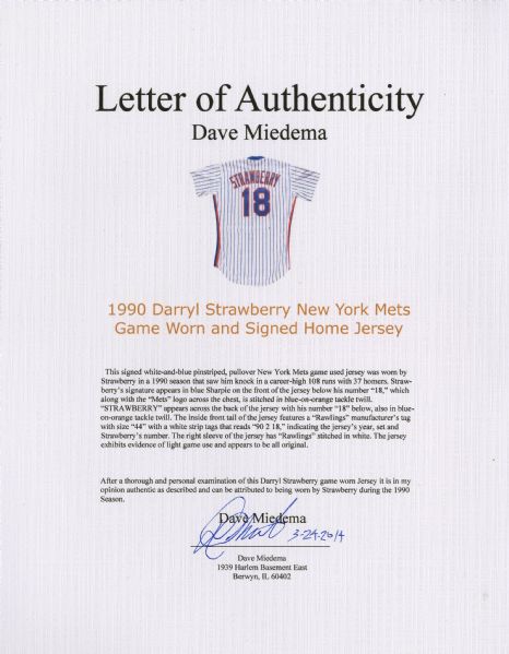 1990 Darryl Strawberry Mets Game-Worn, Signed Jersey