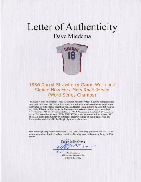 Lot Detail - 1986 Darryl Strawberry Game Worn and Signed New York