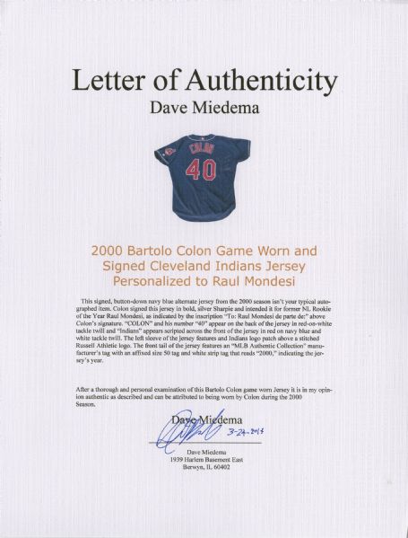 Cleveland Indians Bartolo Colon Autographed Inscribed Jersey Jsa Coa – MVP  Authentics