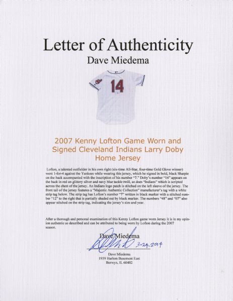 Lot Detail - 2007 Kenny Lofton Game Worn and Signed Cleveland Indians Larry  Doby Home Jersey(Indians COA)