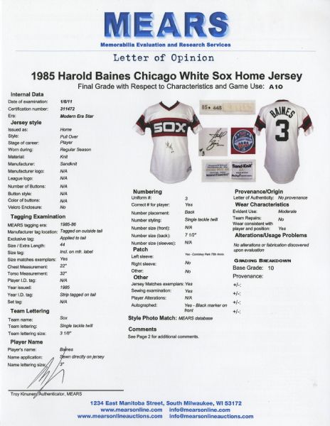 Lot Detail - 1985 Harold Baines Game Worn and Signed Chicago White Sox Home  Jersey (MEARS A10)