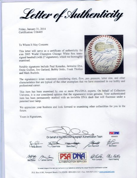 2005 Baseball Autographed by select team members, including Paul Konerko,  Jermaine Dye, Mark Buehrle and more, 2005 Jersey Patch, and Replica WS  Trophy