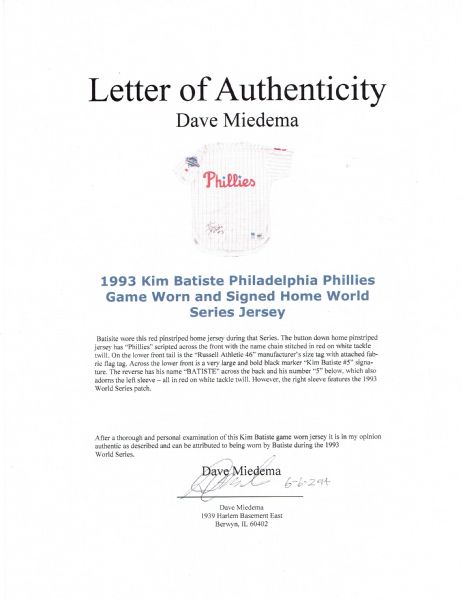Lot Detail - 1993 Kim Batiste Philadelphia Phillies Game Worn and