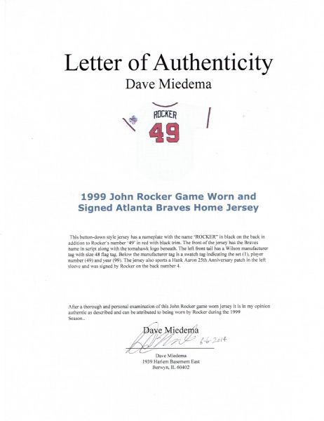 Lot Detail - 1999 John Rocker Game Worn and Signed Atlanta Braves Home  Jersey