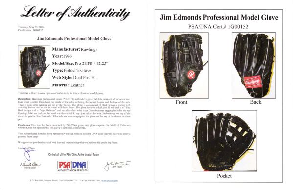 Jim Edmonds Autographed Mini Gold Rawlings Baseball Glove (JSA)