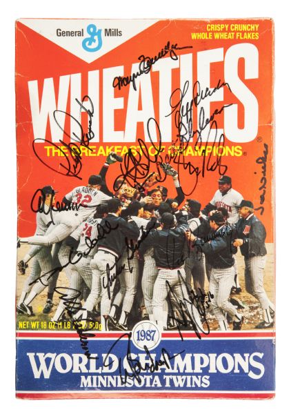 Going through my dad's stuff and found this gem - 1987 World Series  Wheaties box signed by the twins : r/minnesotatwins