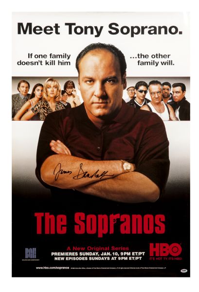Lot Detail - James Gandolfini Signed Large 22x40 Sopranos HBO Poster