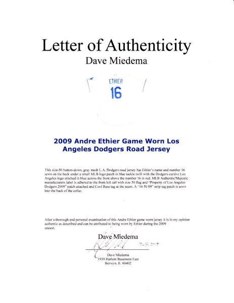 Lot Detail - 2009 Andre Ethier Game Worn Los Angeles Dodgers Road Jersey