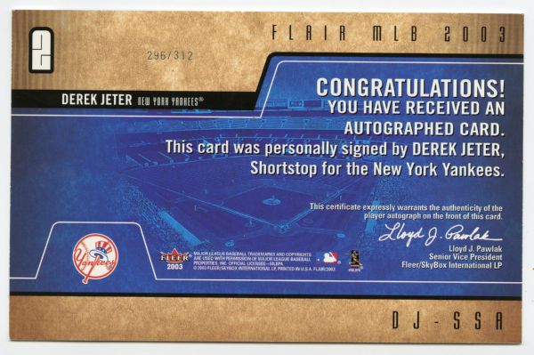 2003 Fleer Flair Diamond Cuts #DC-DJ Derek Jeter Game Worn Yankees