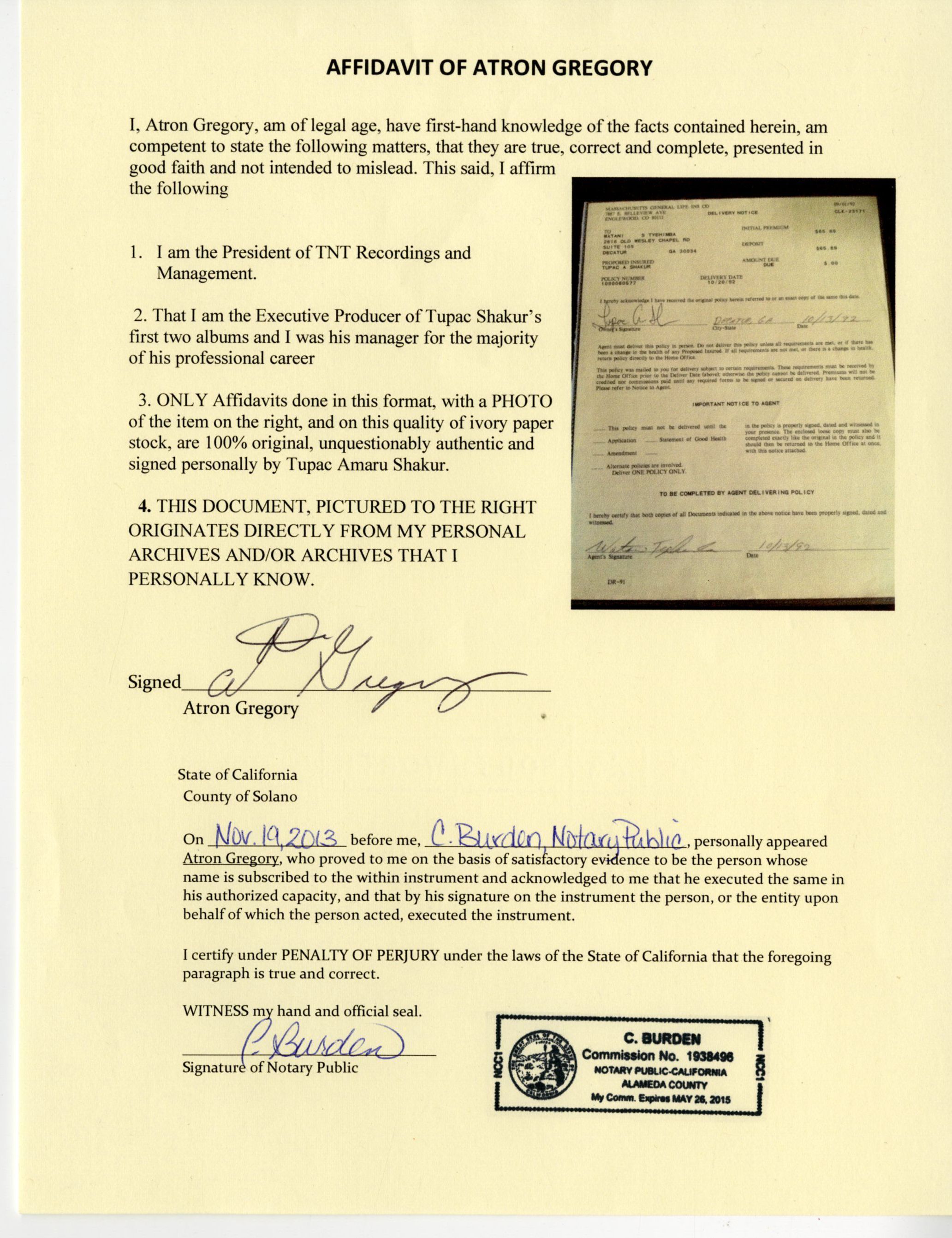 Lot Detail - Tupac Shakur 1992 Signed Life Insurance Policy Document