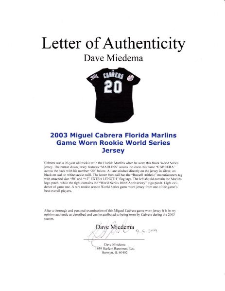 Lot Detail - 2003 Miguel Cabrera Florida Marlins Game Worn Rookie World  Series Jersey