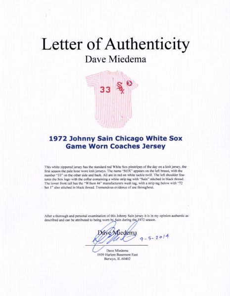 1972 Stan Bahnsen Game Worn & Signed Chicago White Sox Jersey - 21, Lot  #60415