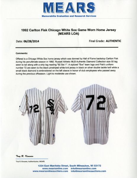 Lot Detail - 1992 Carlton Fisk Game Worn Chicago White Sox Home