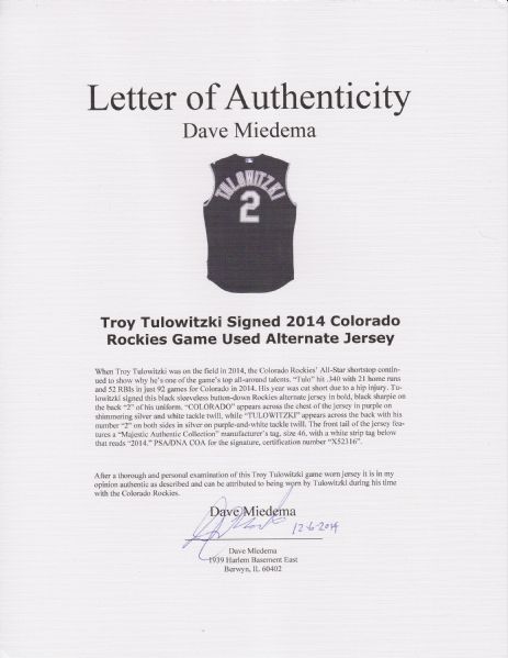 Lot Detail - Troy Tulowitzki 2014 Game Used & Signed Colorado