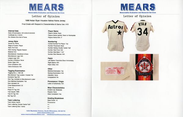 1986 Nolan Ryan Game Worn Houston Astros Jersey, MEARS A10